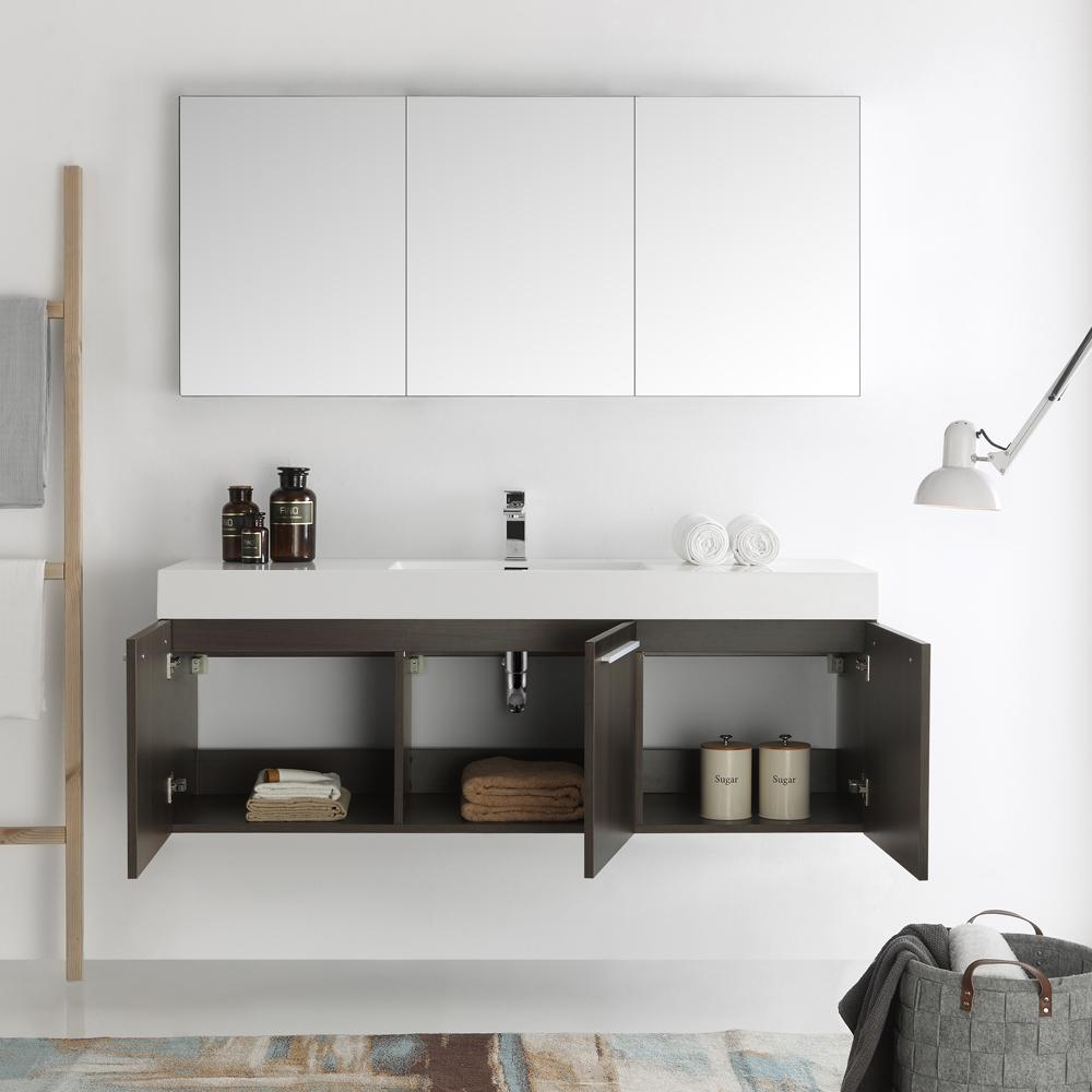 Fresca Vista 60" Gray Oak Wall Hung Single Sink Modern Bathroom Vanity w/ Medicine Cabinet