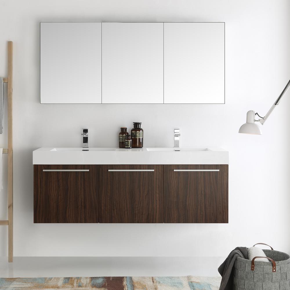Fresca Vista 60" Walnut Wall Hung Double Sink Modern Bathroom Vanity w/ Medicine Cabinet