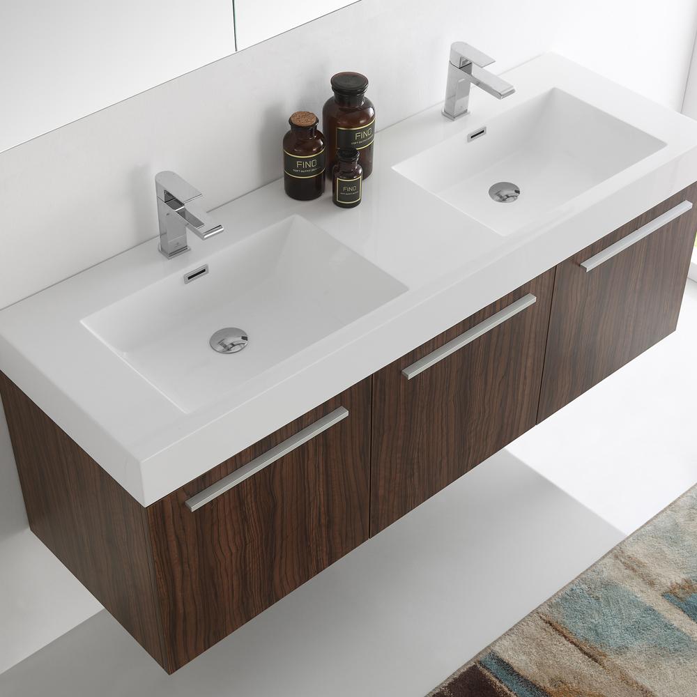 Fresca Vista 60" Walnut Wall Hung Double Sink Modern Bathroom Vanity w/ Medicine Cabinet