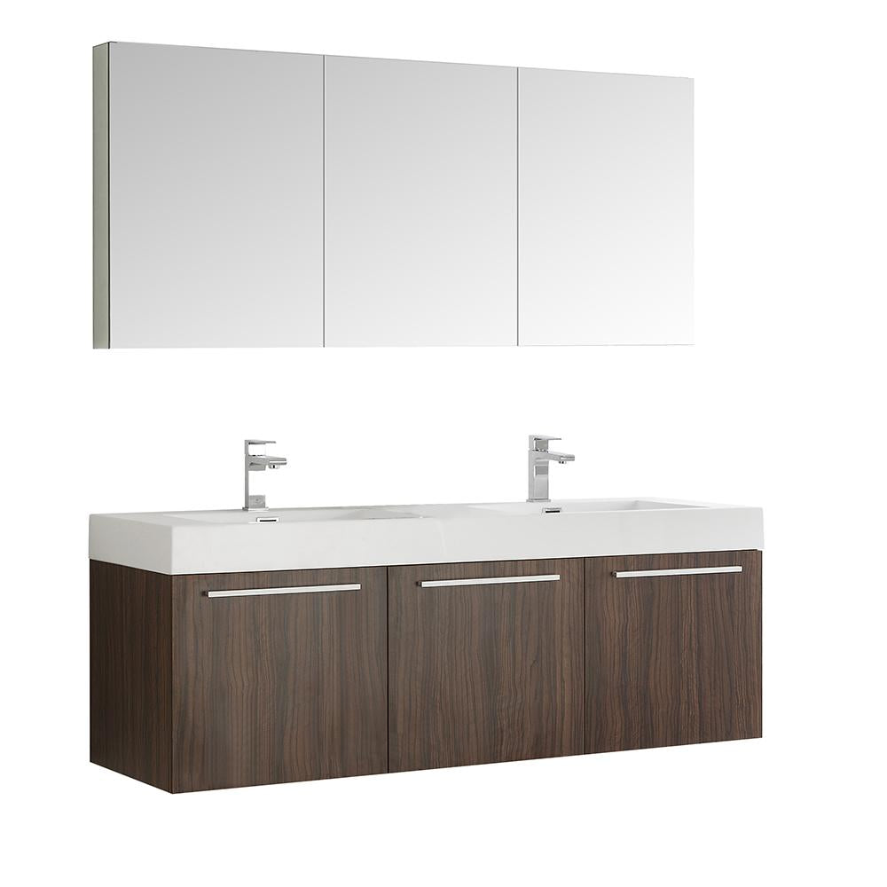 Fresca Vista 60" Walnut Wall Hung Double Sink Modern Bathroom Vanity w/ Medicine Cabinet