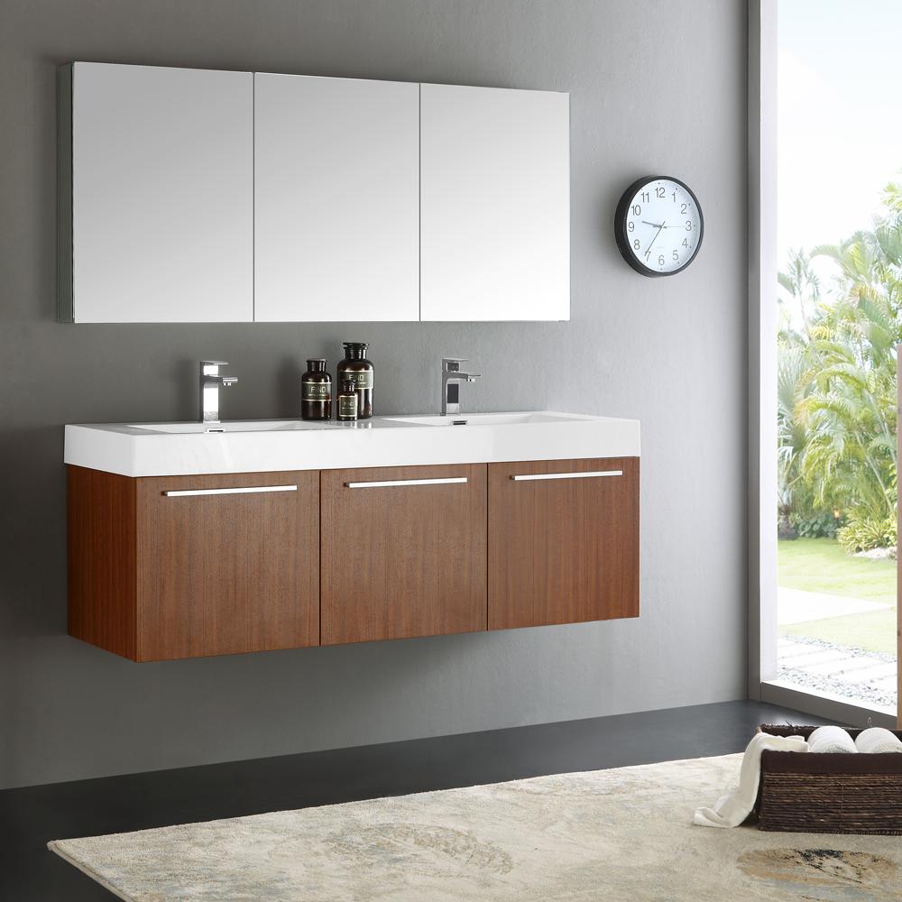 Fresca-Vista-60"-Teak-Wall-Hung-Double-Sink-Modern-Bathroom-Vanity-w/-Medicine-Cabinet-(FVN8093TK-D)