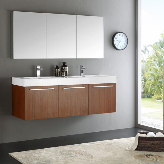 Fresca-Vista-60"-Teak-Wall-Hung-Double-Sink-Modern-Bathroom-Vanity-w/-Medicine-Cabinet-(FVN8093TK-D)