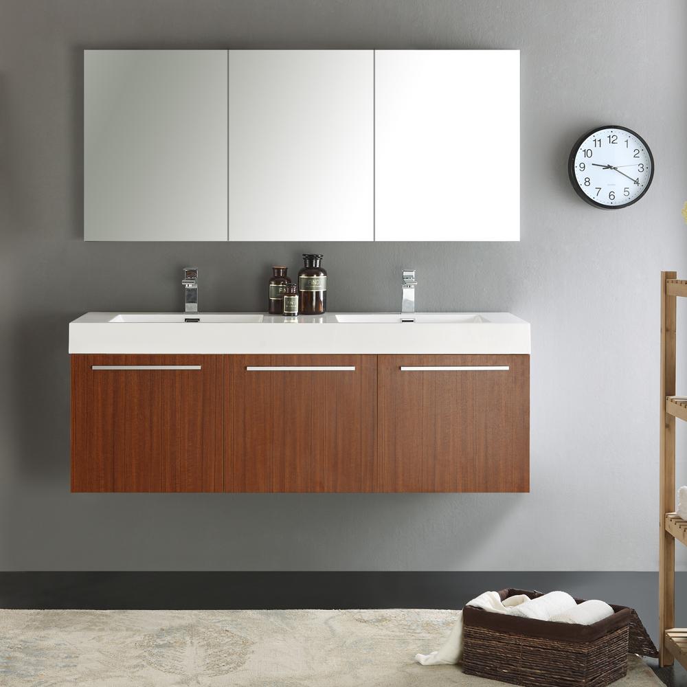 Fresca Vista 60" Teak Wall Hung Double Sink Modern Bathroom Vanity w/ Medicine Cabinet
