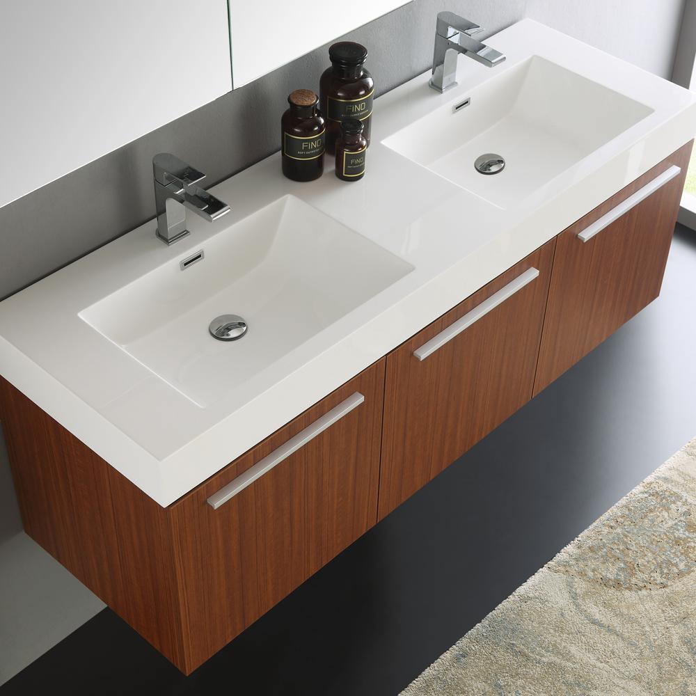 Fresca Vista 60" Teak Wall Hung Double Sink Modern Bathroom Vanity w/ Medicine Cabinet