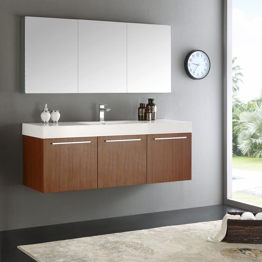 Fresca-Vista-60"-Teak-Wall-Hung-Single-Sink-Modern-Bathroom-Vanity-w/-Medicine-Cabinet-(FVN8093TK)
