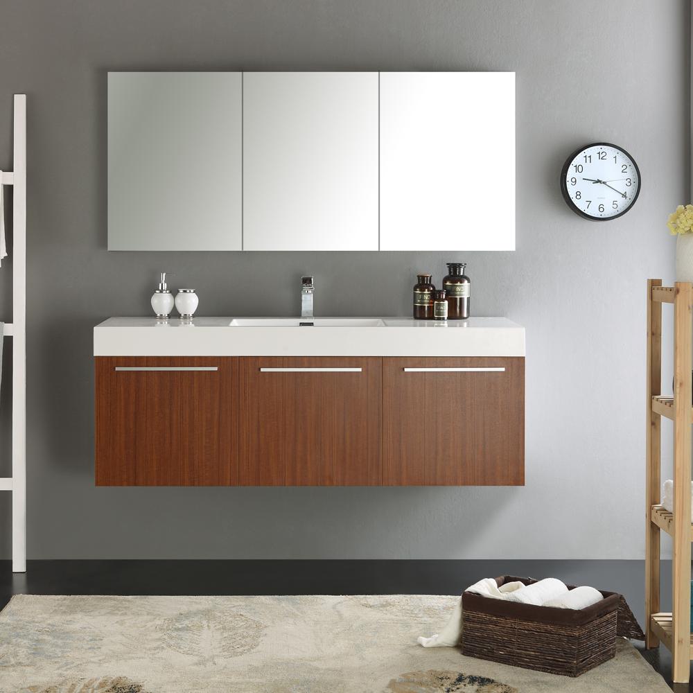 Fresca Vista 60" Teak Wall Hung Single Sink Modern Bathroom Vanity w/ Medicine Cabinet