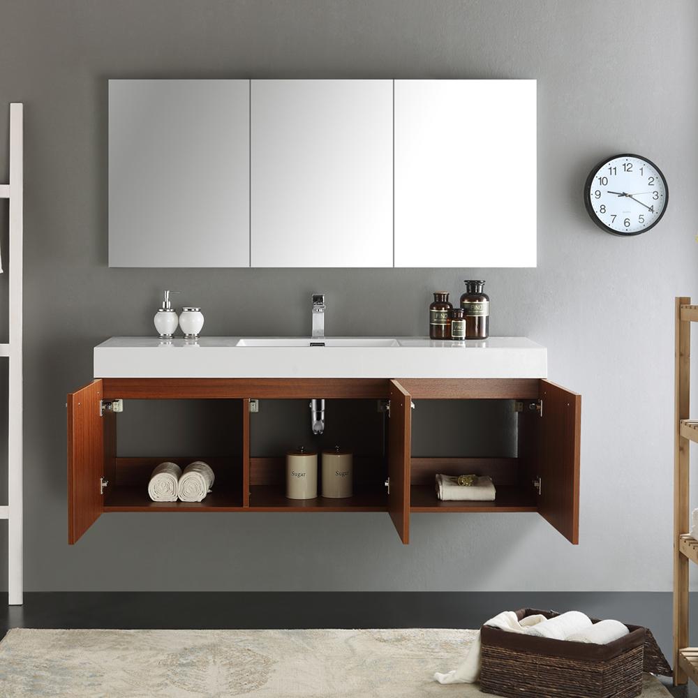 Fresca Vista 60" Teak Wall Hung Single Sink Modern Bathroom Vanity w/ Medicine Cabinet