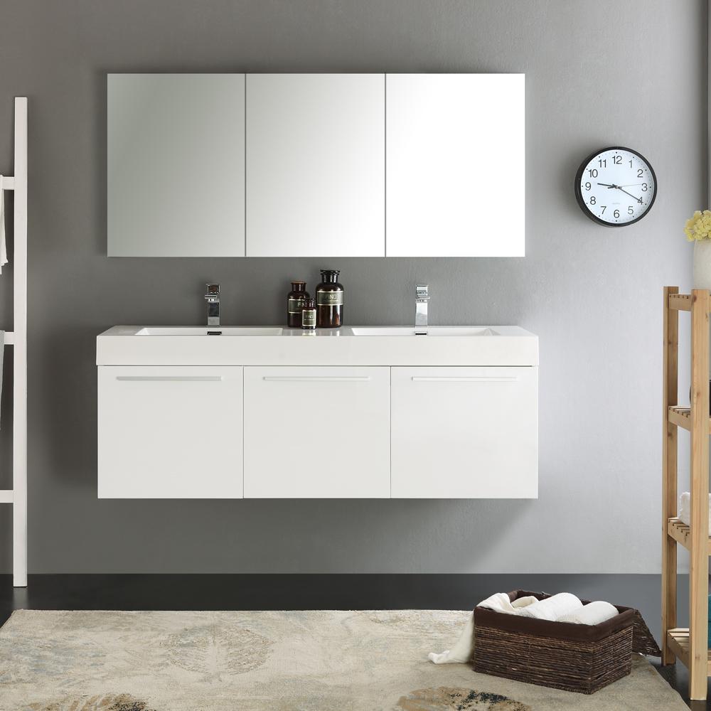 Fresca Vista 60" White Wall Hung Double Sink Modern Bathroom Vanity w/ Medicine Cabinet