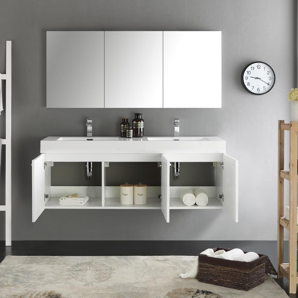 Fresca Vista 60" White Wall Hung Double Sink Modern Bathroom Vanity w/ Medicine Cabinet