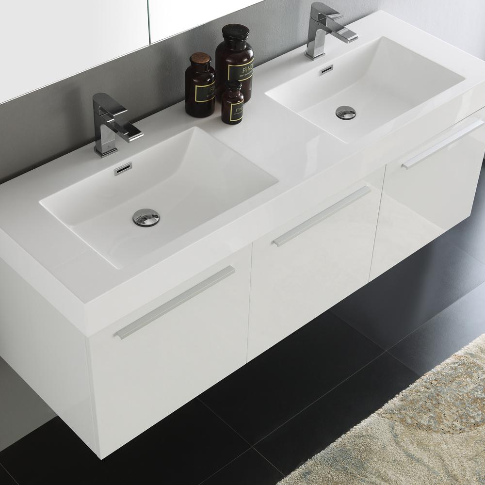 Fresca Vista 60" White Wall Hung Double Sink Modern Bathroom Vanity w/ Medicine Cabinet
