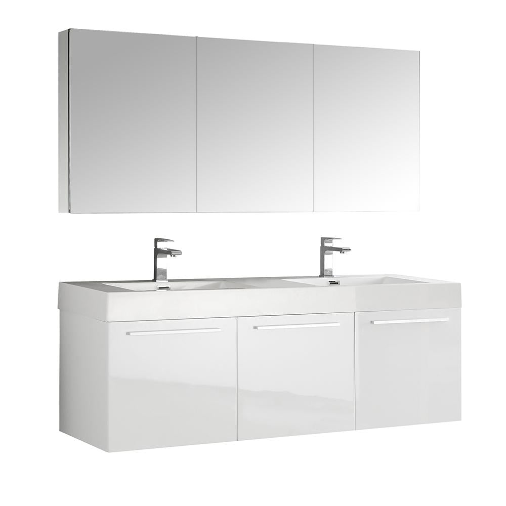 Fresca Vista 60" White Wall Hung Double Sink Modern Bathroom Vanity w/ Medicine Cabinet