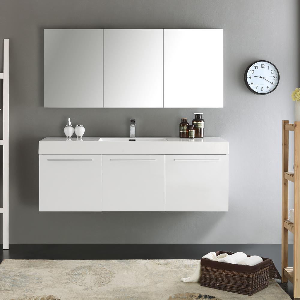 Fresca Vista 60" White Wall Hung Single Sink Modern Bathroom Vanity w/ Medicine Cabinet