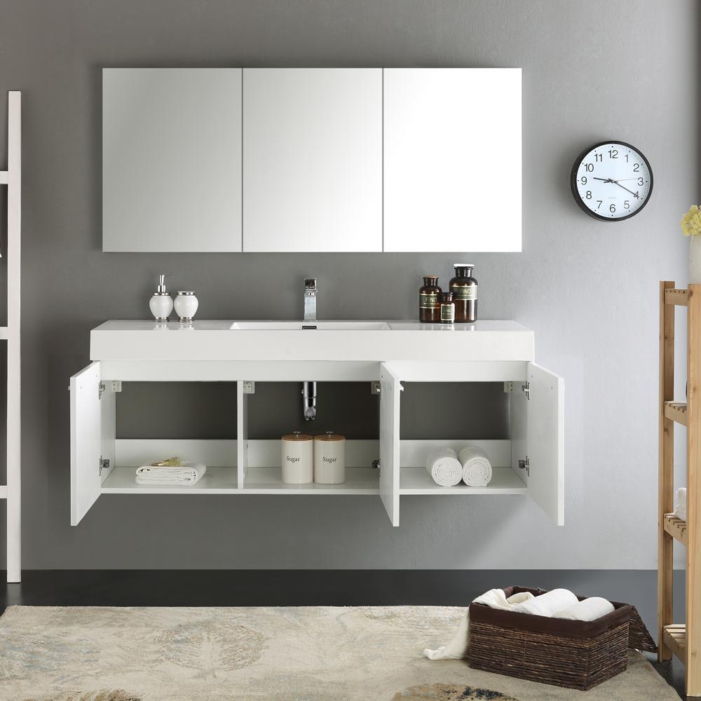 Fresca Vista 60" White Wall Hung Single Sink Modern Bathroom Vanity w/ Medicine Cabinet