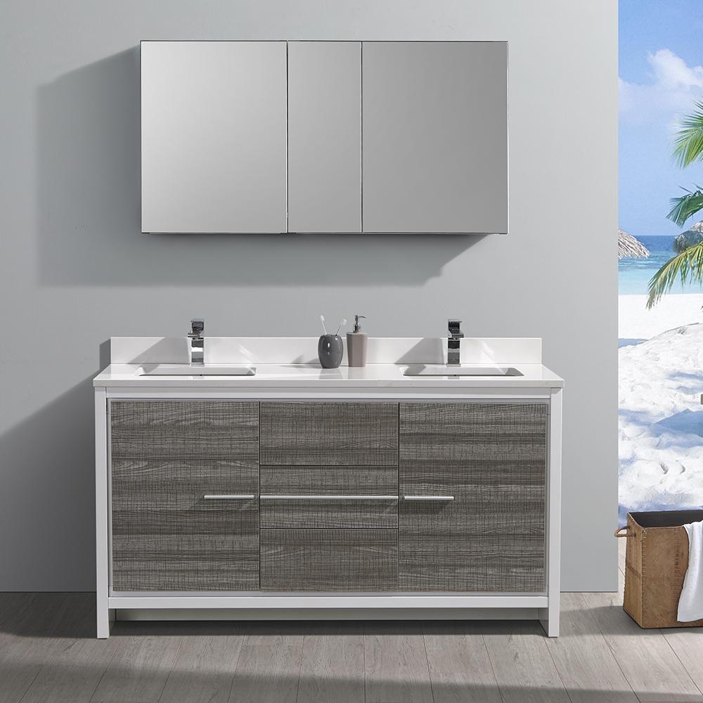 Fresca Allier Rio 60" Ash Gray Double Sink Modern Bathroom Vanity w/ Medicine Cabinet