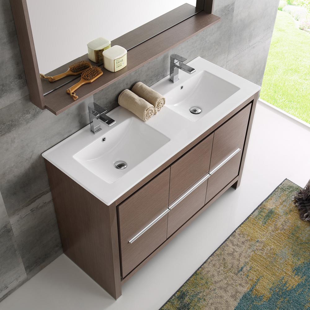 Fresca Allier 48" Gray Oak Modern Double Sink Bathroom Vanity w/ Mirror