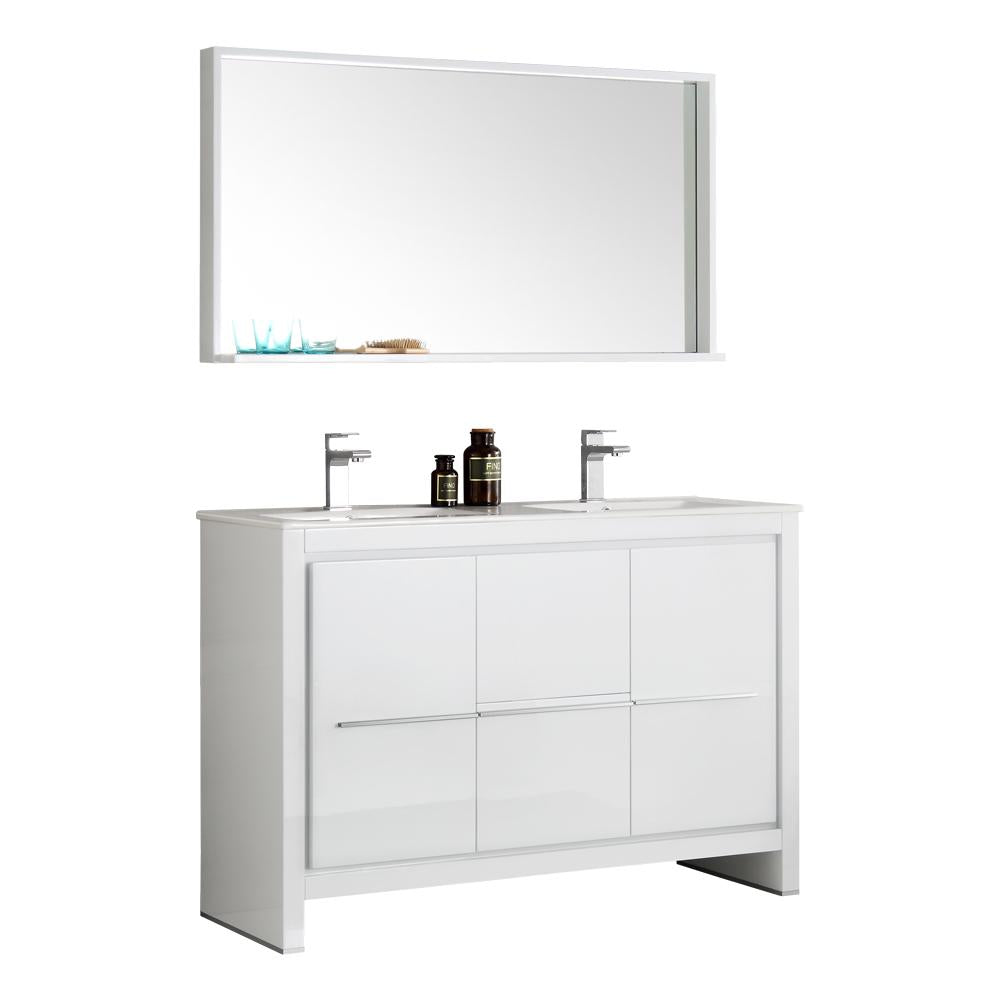 Fresca Allier 48" White Modern Double Sink Bathroom Vanity w/ Mirror