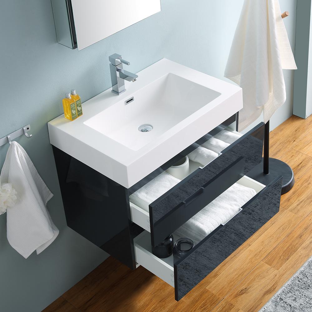 Fresca Valencia 30" Dark Slate Gray Wall Hung Modern Bathroom Vanity w/ Medicine Cabinet