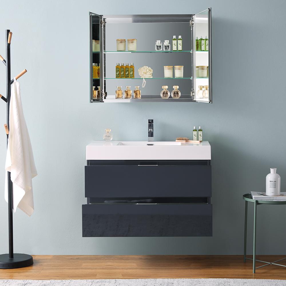 Fresca Valencia 36" Dark Slate Gray Wall Hung Modern Bathroom Vanity w/ Medicine Cabinet