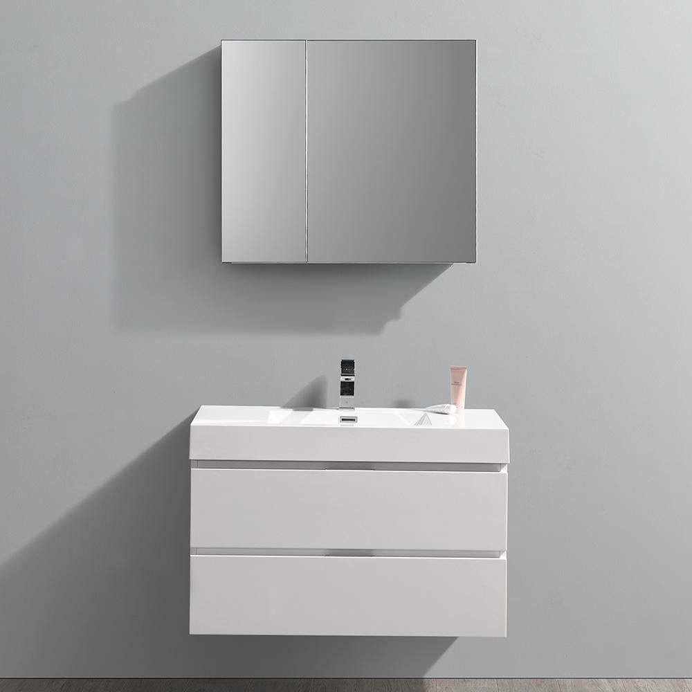 Fresca Valencia 36" Glossy White Wall Hung Modern Bathroom Vanity w/ Medicine Cabinet