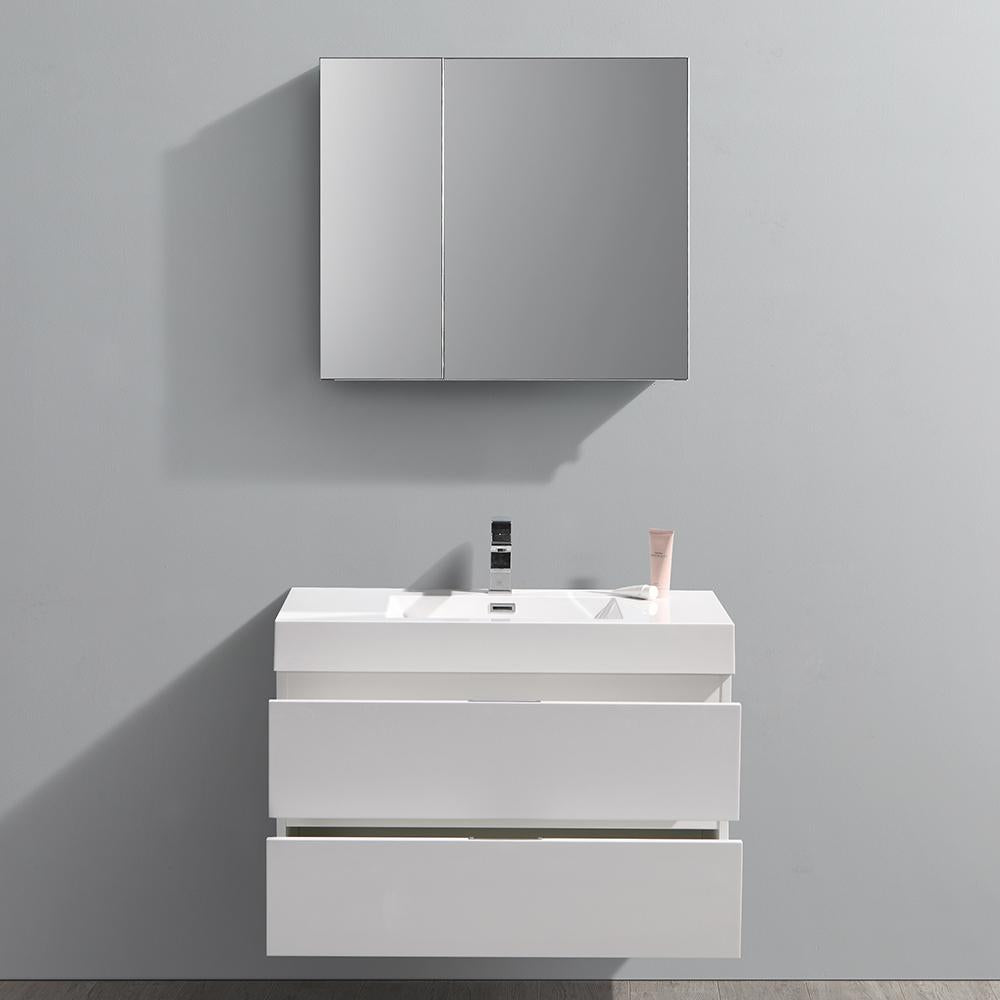 Fresca Valencia 36" Glossy White Wall Hung Modern Bathroom Vanity w/ Medicine Cabinet