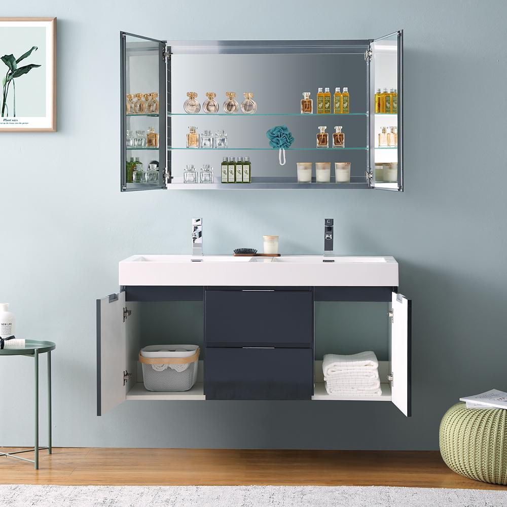 Fresca Valencia 48" Dark Slate Gray Wall Hung Double Sink Modern Bathroom Vanity w/ Medicine Cabinet