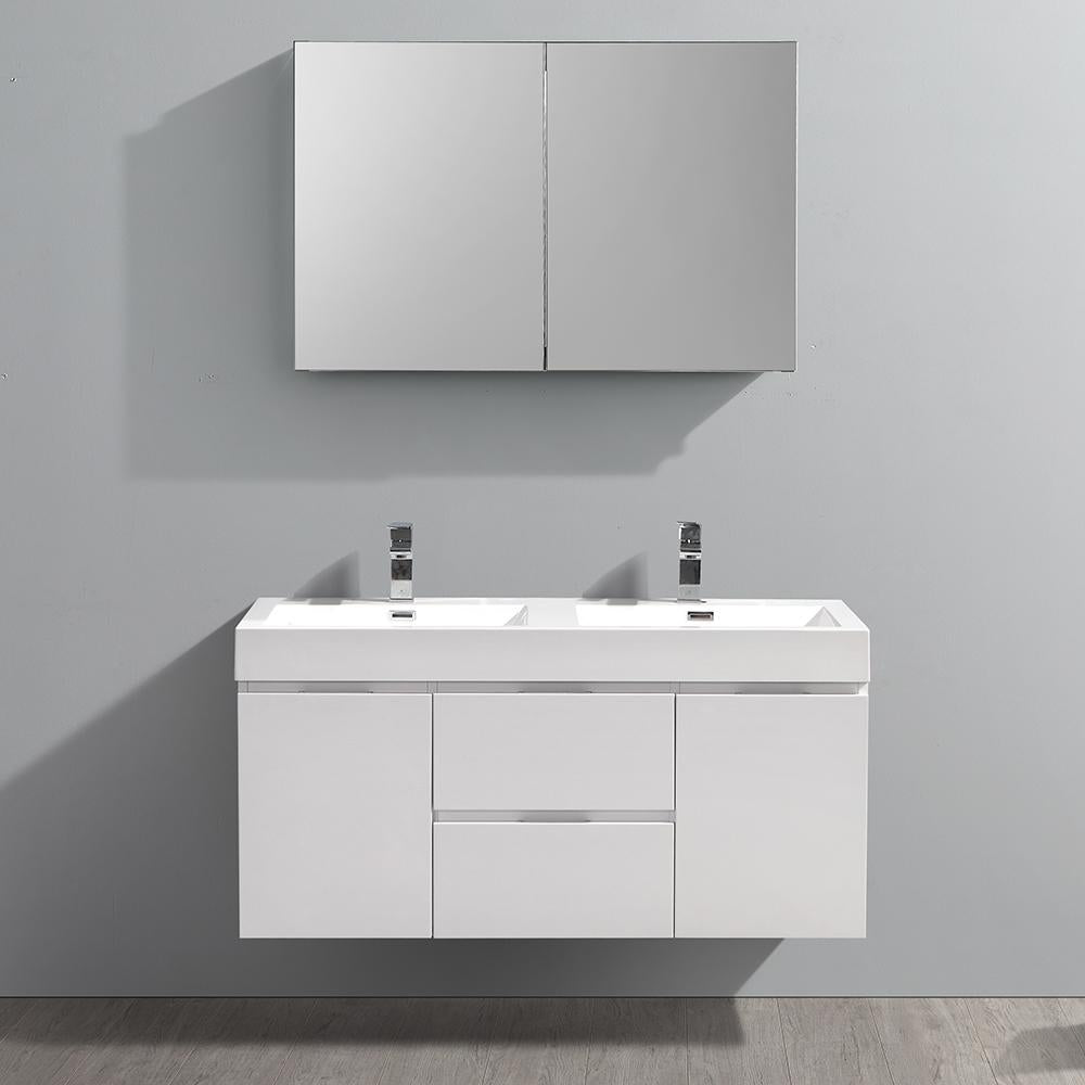 Fresca Valencia 48" Glossy White Wall Hung Double Sink Modern Bathroom Vanity w/ Medicine Cabinet