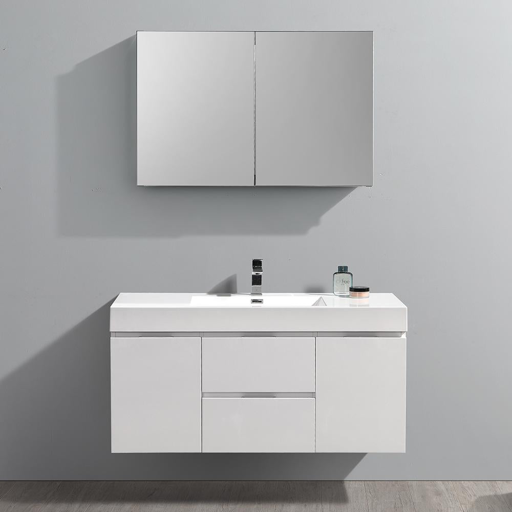 Fresca Valencia 48" Glossy White Wall Hung Modern Bathroom Vanity w/ Medicine Cabinet