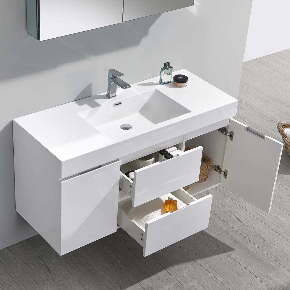 Fresca Valencia 48" Glossy White Wall Hung Modern Bathroom Vanity w/ Medicine Cabinet