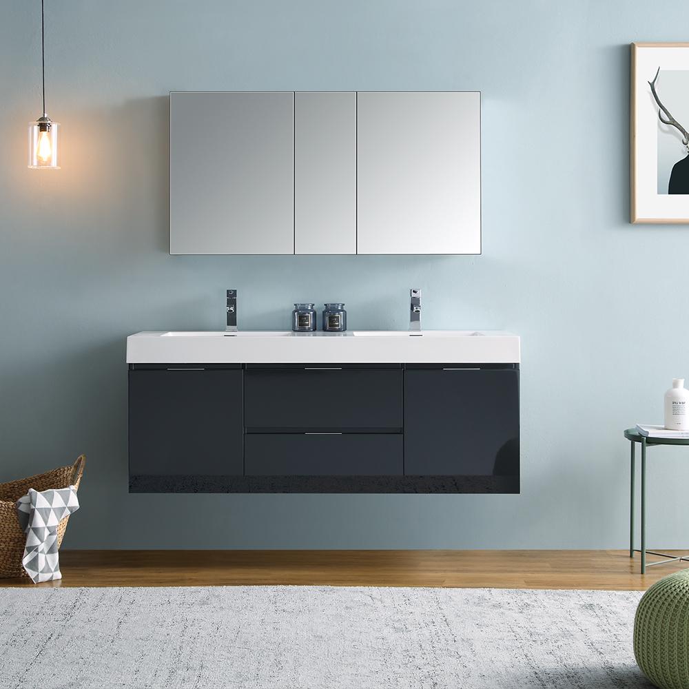 Fresca Valencia 60" Dark Slate Gray Wall Hung Double Sink Modern Bathroom Vanity w/ Medicine Cabinet