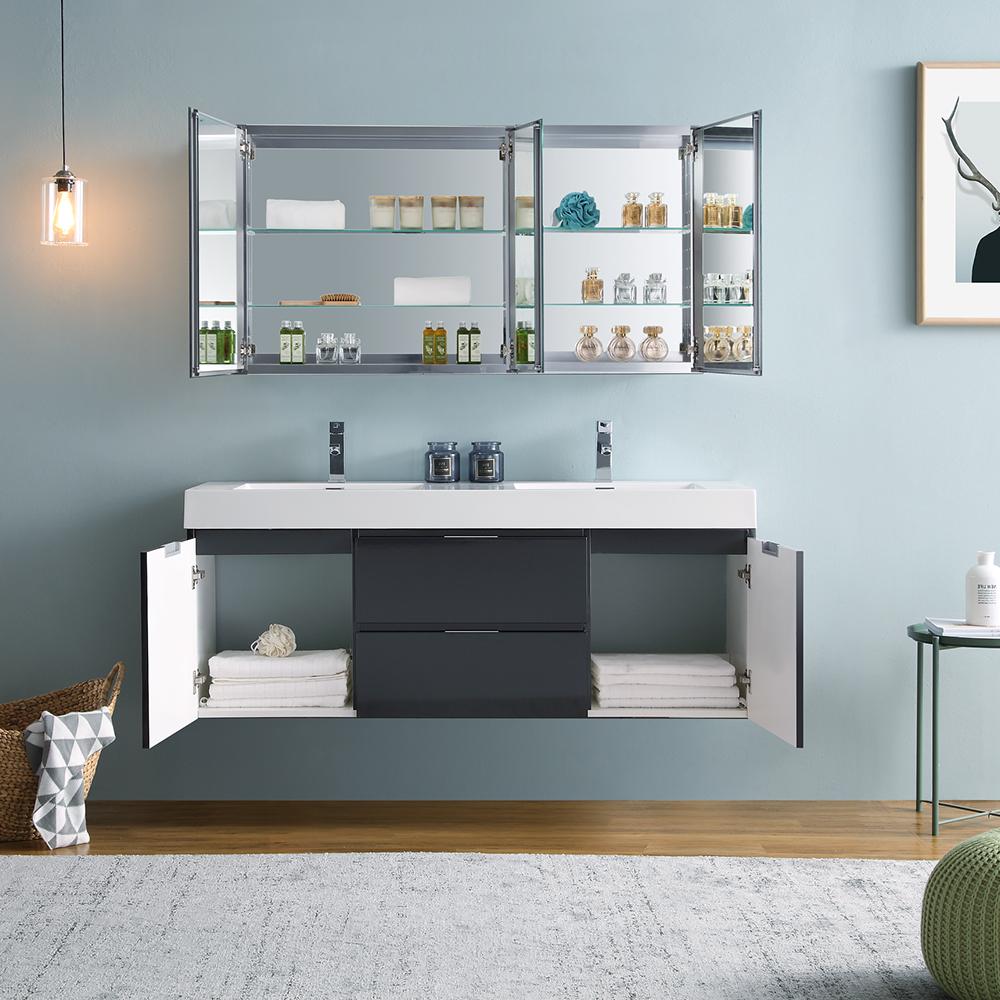 Fresca Valencia 60" Dark Slate Gray Wall Hung Double Sink Modern Bathroom Vanity w/ Medicine Cabinet