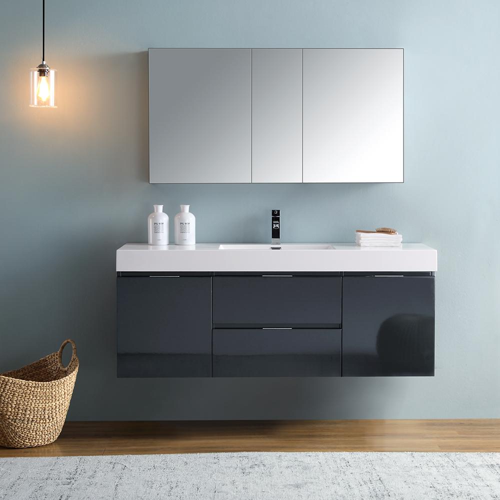 Fresca Valencia 60" Dark Slate Gray Wall Hung Modern Bathroom Vanity w/ Medicine Cabinet