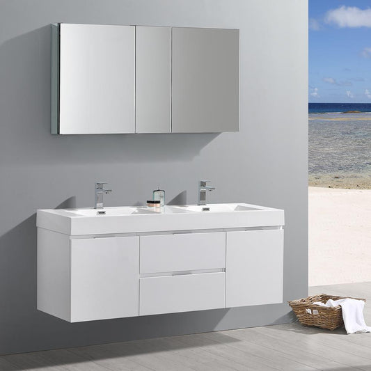 Fresca-Valencia-60"-Glossy-White-Wall-Hung-Double-Sink-Modern-Bathroom-Vanity-w/-Medicine-Cabinet-(FVN8360WH-D)