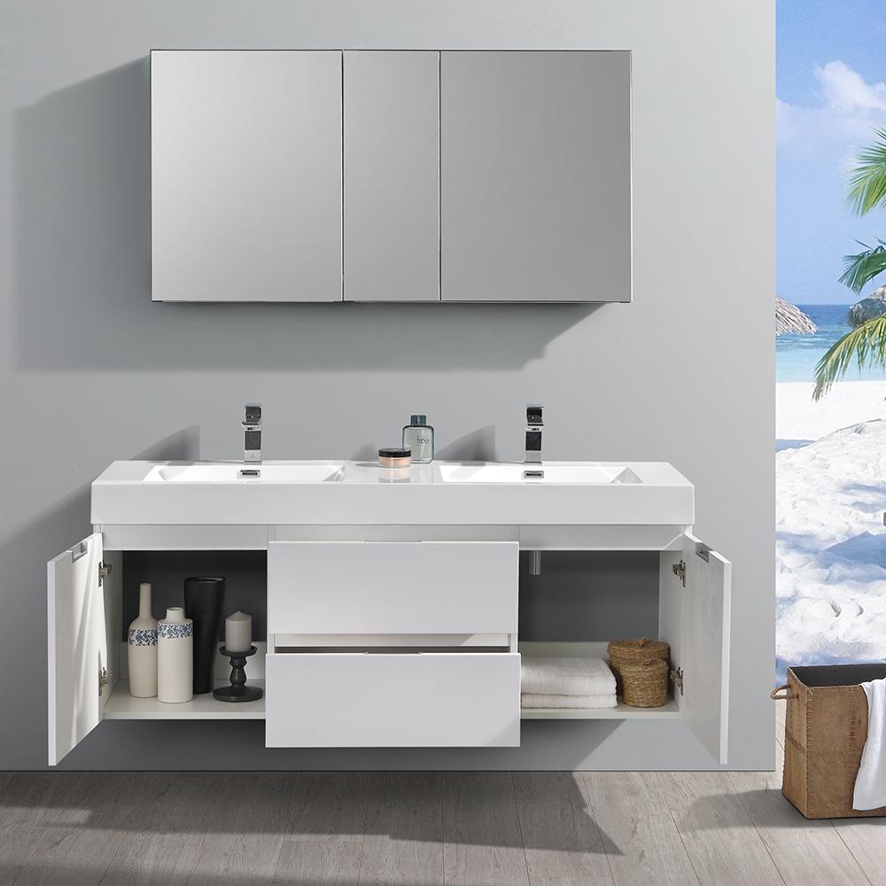 Fresca Valencia 60" Glossy White Wall Hung Double Sink Modern Bathroom Vanity w/ Medicine Cabinet