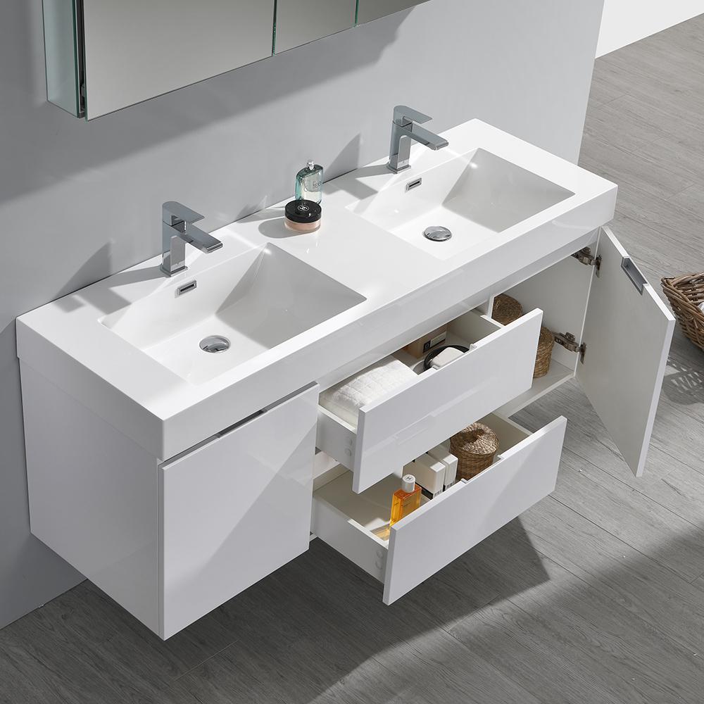 Fresca Valencia 60" Glossy White Wall Hung Double Sink Modern Bathroom Vanity w/ Medicine Cabinet
