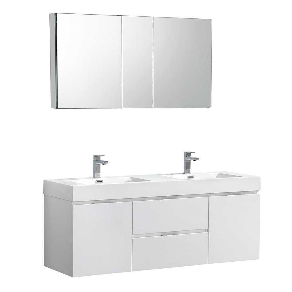 Fresca Valencia 60" Glossy White Wall Hung Double Sink Modern Bathroom Vanity w/ Medicine Cabinet