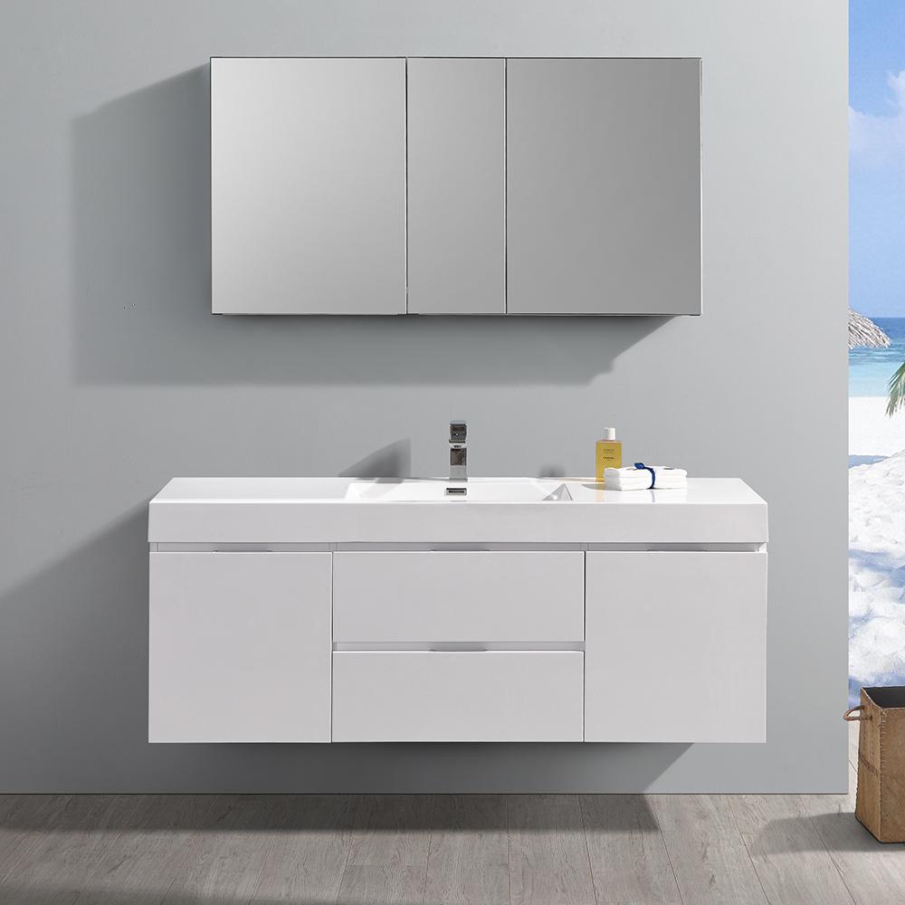 Fresca Valencia 60" Glossy White Wall Hung Modern Bathroom Vanity w/ Medicine Cabinet