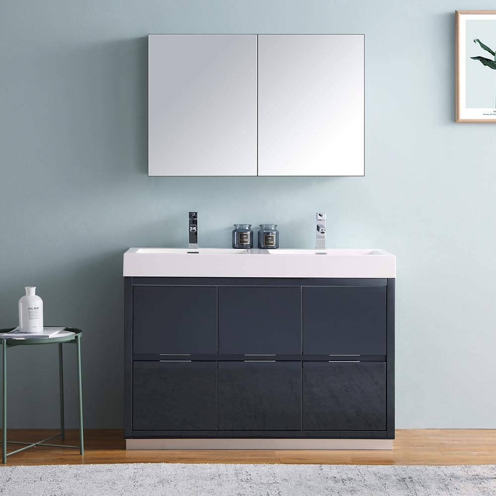 Fresca Valencia 48" Dark Slate Gray Free Standing Double Sink Modern Bathroom Vanity w/ Medicine Cabinet