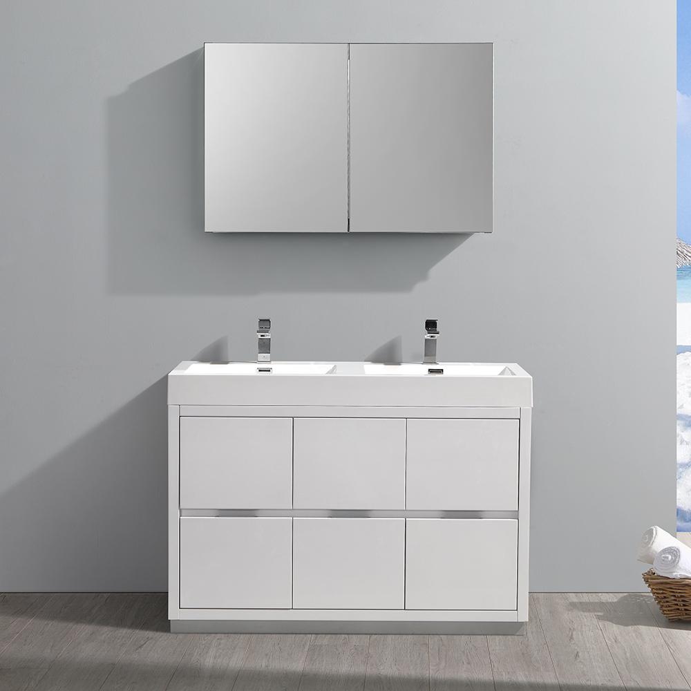 Fresca Valencia 48" Glossy White Free Standing Double Sink Modern Bathroom Vanity w/ Medicine Cabinet