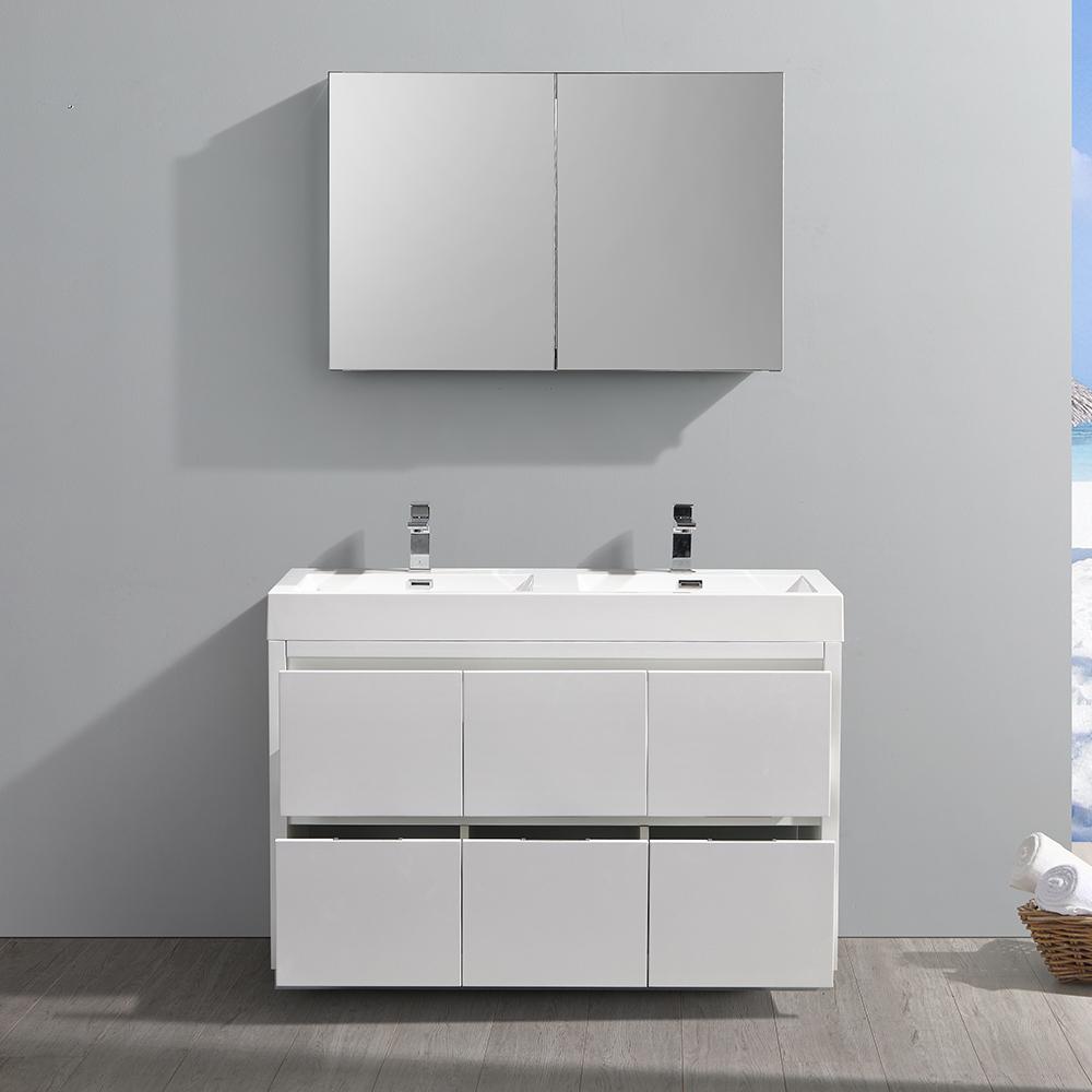 Fresca Valencia 48" Glossy White Free Standing Double Sink Modern Bathroom Vanity w/ Medicine Cabinet