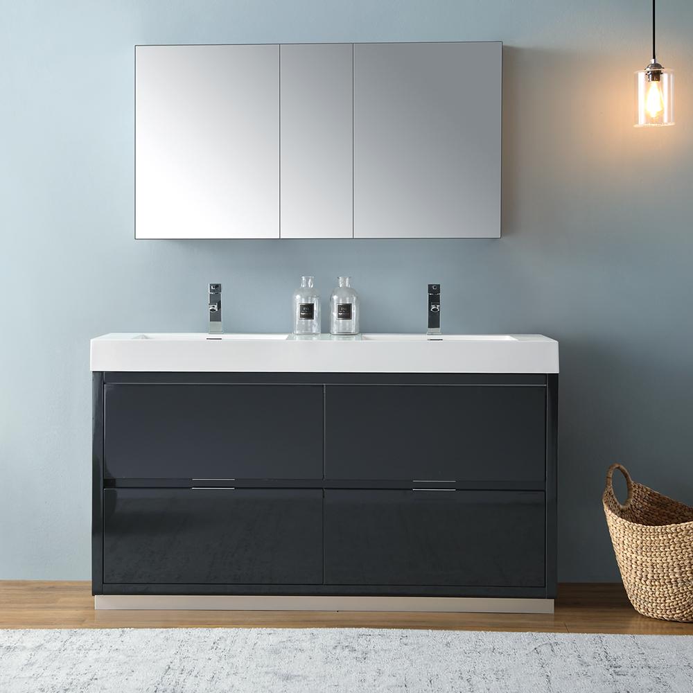 Fresca Valencia 60" Dark Slate Gray Free Standing Double Sink Modern Bathroom Vanity w/ Medicine Cabinet