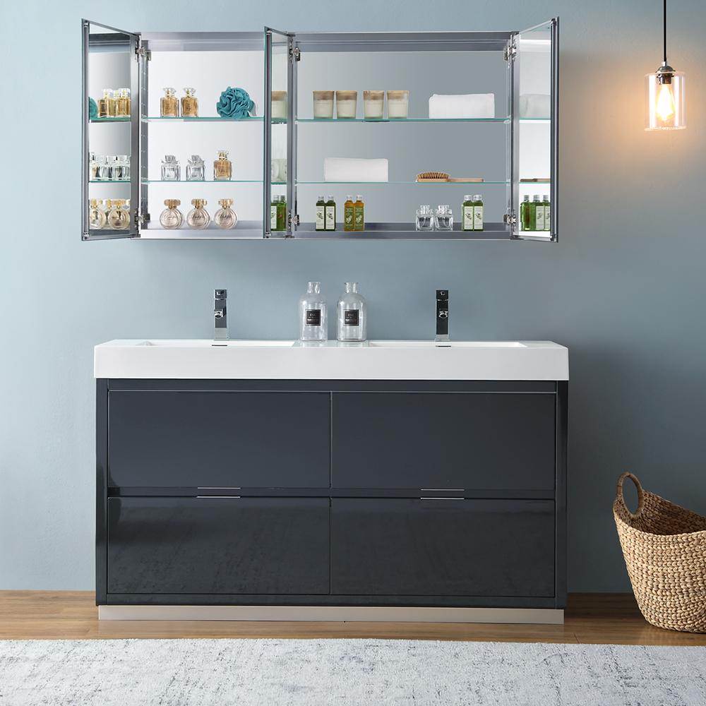 Fresca Valencia 60" Dark Slate Gray Free Standing Double Sink Modern Bathroom Vanity w/ Medicine Cabinet