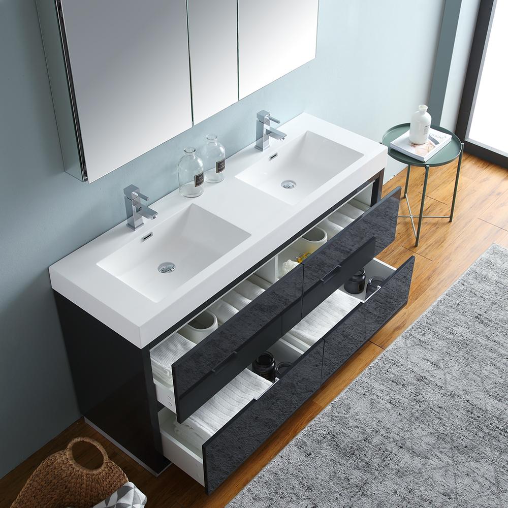 Fresca Valencia 60" Dark Slate Gray Free Standing Double Sink Modern Bathroom Vanity w/ Medicine Cabinet