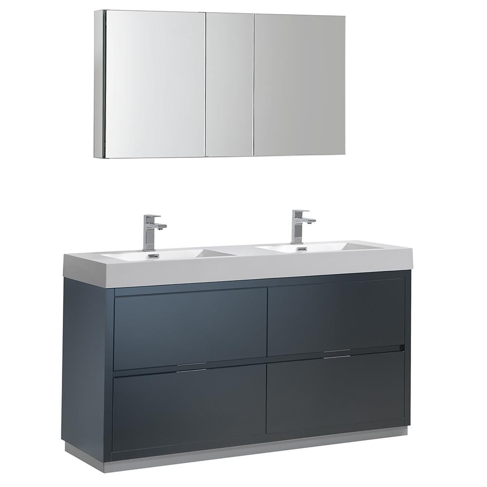 Fresca Valencia 60" Dark Slate Gray Free Standing Double Sink Modern Bathroom Vanity w/ Medicine Cabinet