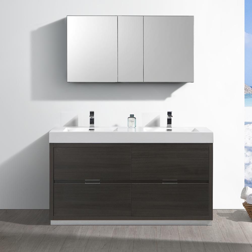 Fresca Valencia 60" Gray Oak Free Standing Double Sink Modern Bathroom Vanity w/ Medicine Cabinet