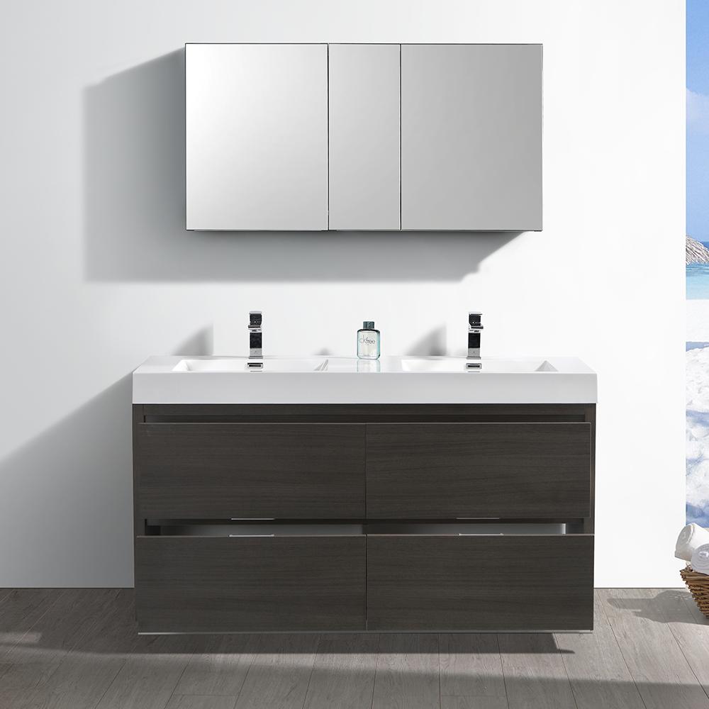 Fresca Valencia 60" Gray Oak Free Standing Double Sink Modern Bathroom Vanity w/ Medicine Cabinet