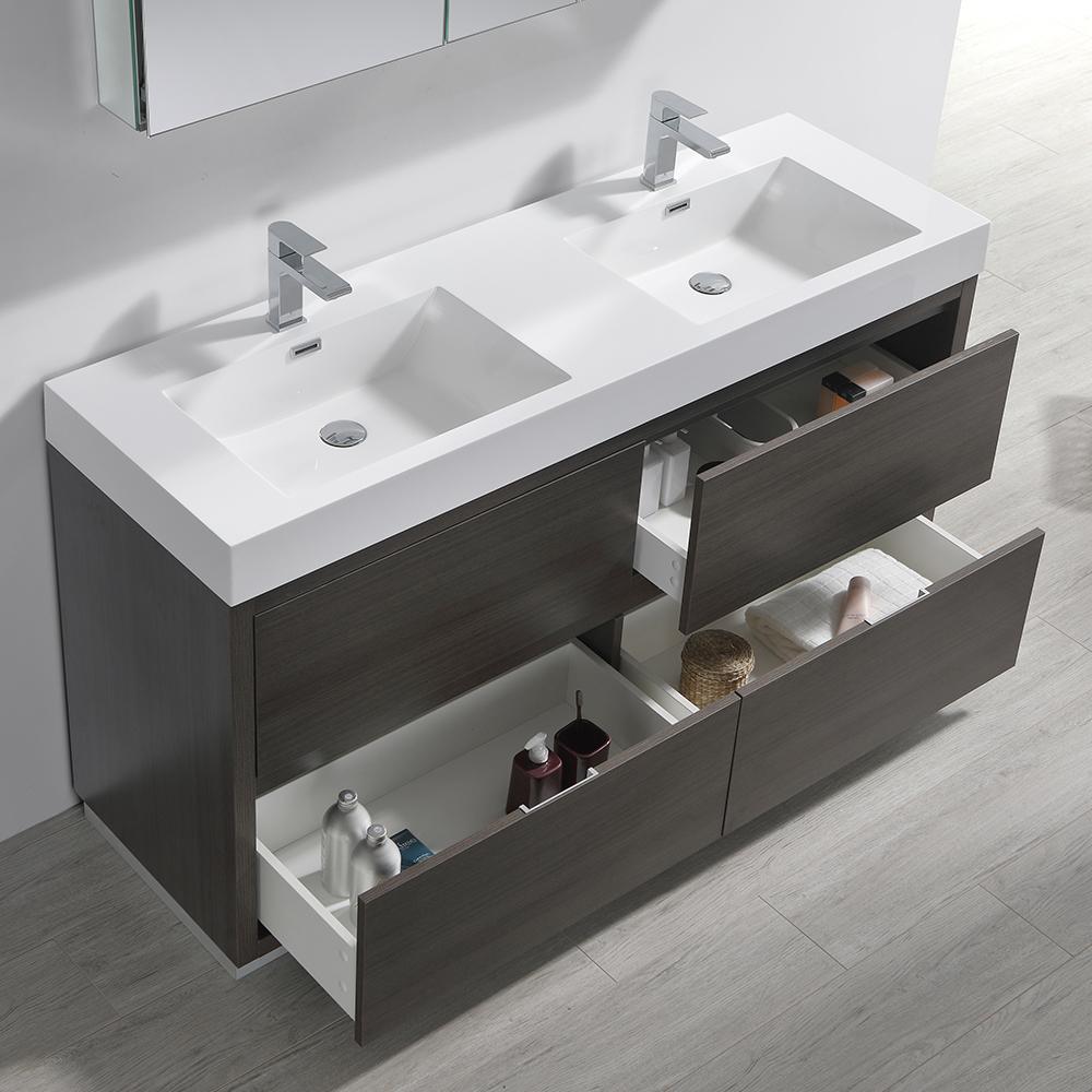 Fresca Valencia 60" Gray Oak Free Standing Double Sink Modern Bathroom Vanity w/ Medicine Cabinet