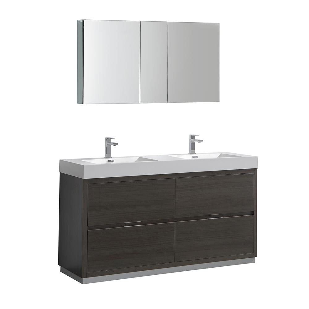 Fresca Valencia 60" Gray Oak Free Standing Double Sink Modern Bathroom Vanity w/ Medicine Cabinet