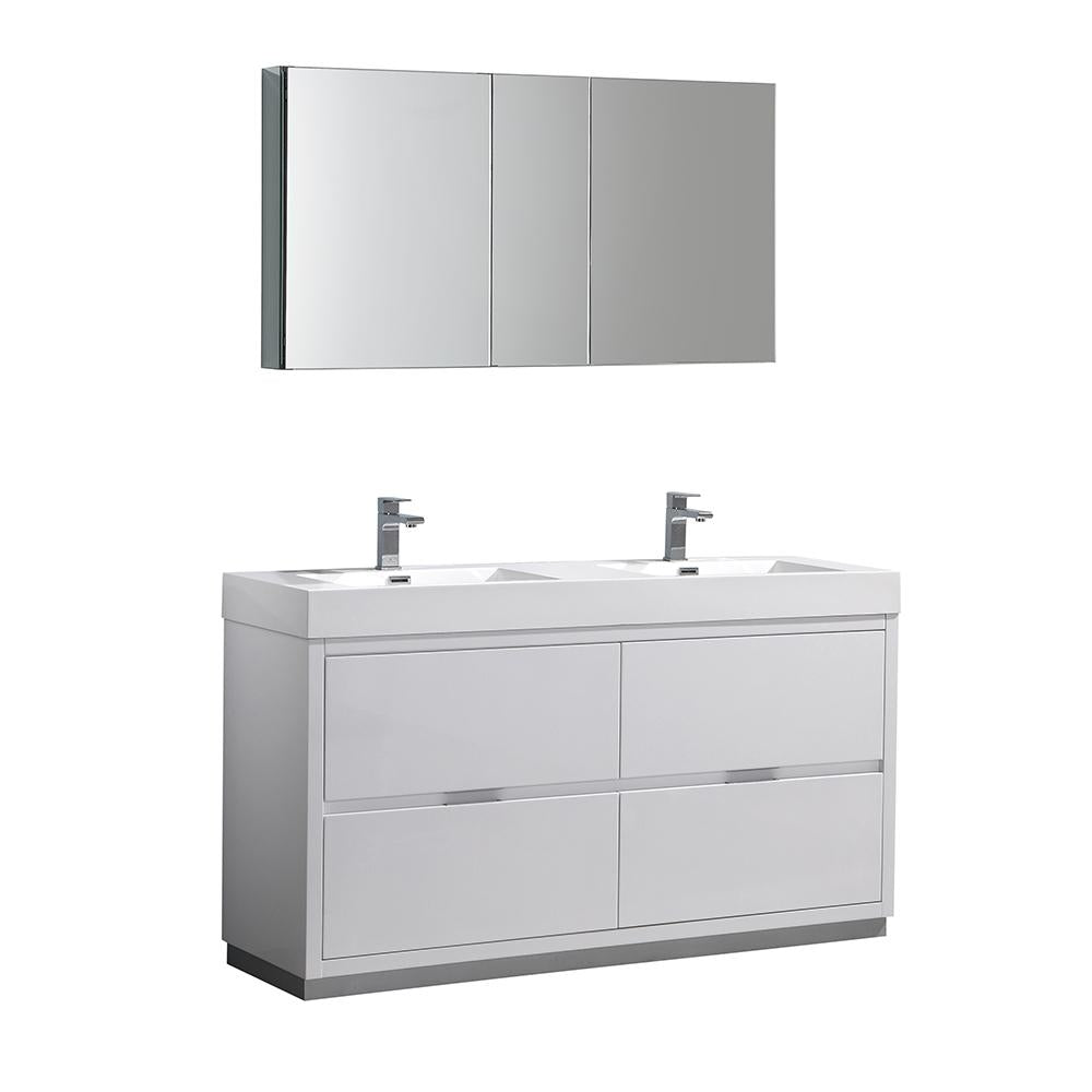 Fresca Valencia 60" Glossy White Free Standing Double Sink Modern Bathroom Vanity w/ Medicine Cabinet