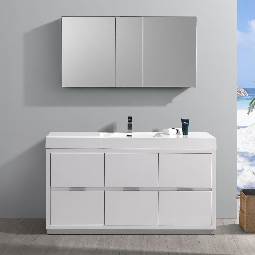 Fresca Valencia 60" Glossy White Free Standing Modern Bathroom Vanity w/ Medicine Cabinet