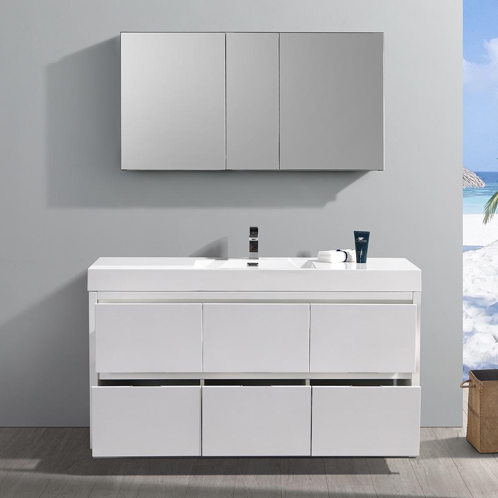 Fresca Valencia 60" Glossy White Free Standing Modern Bathroom Vanity w/ Medicine Cabinet